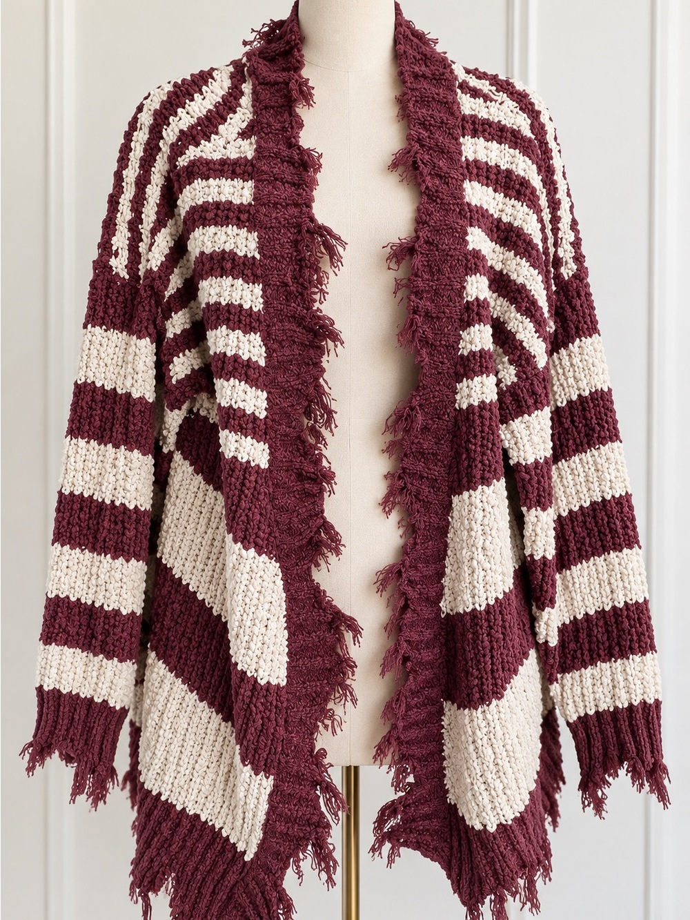 ee:some NWT M/L Distressed Stripe Oversized Cardigan Eggplant Cream Boho